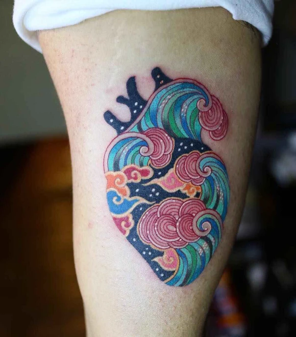 Japanese Heart, Waves tattoo on Thigh