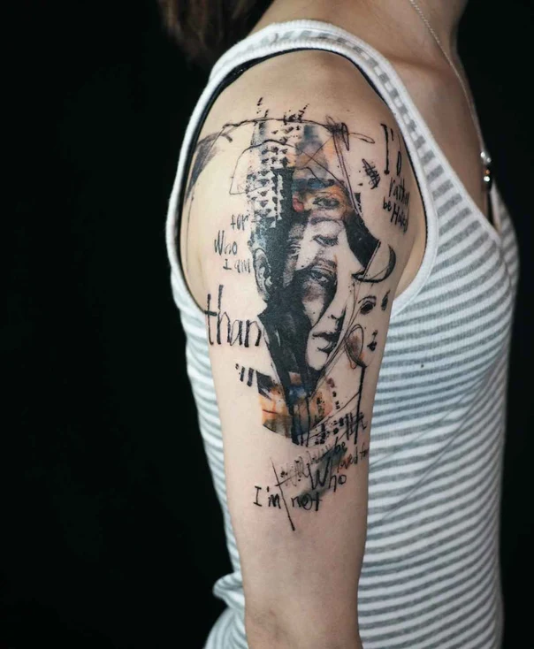 Sketch Portrait, Text tattoo on Upper Arm
