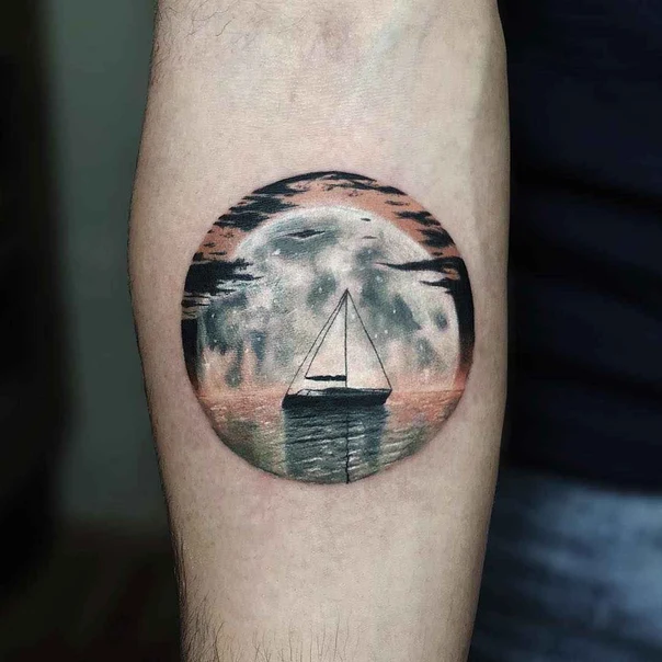 Realism Moon, Boat tattoo on Forearm