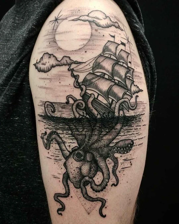 Blackwork Octopus, Ship tattoo on Upper Arm