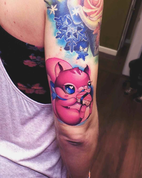 Anime Animal, Food tattoo on Forearm
