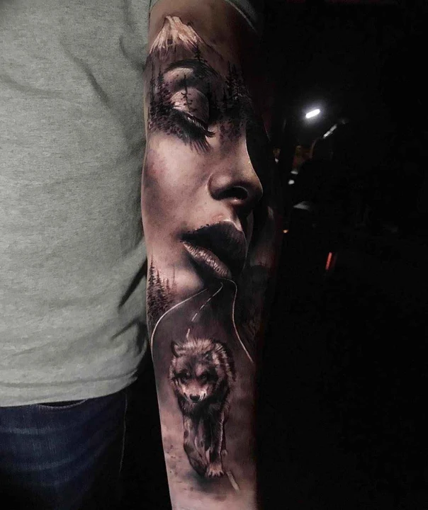 Realism Face, Wolf tattoo on Full Sleeve