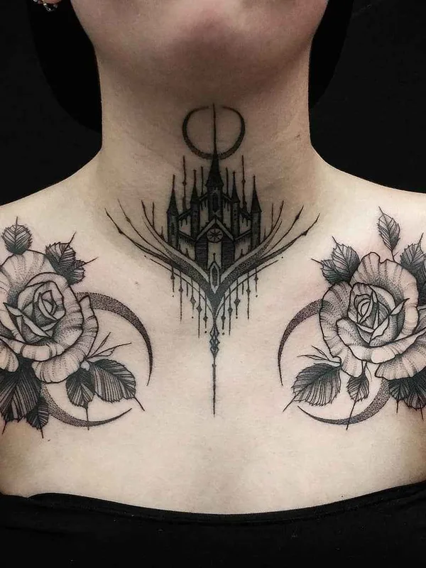 female black and grey blackwork tattoo on chest #17332 | Tattoo Artist Thomas Eckeard