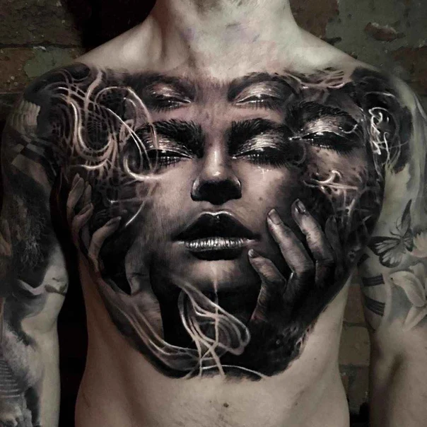 Realism Face, Hands tattoo on Chest