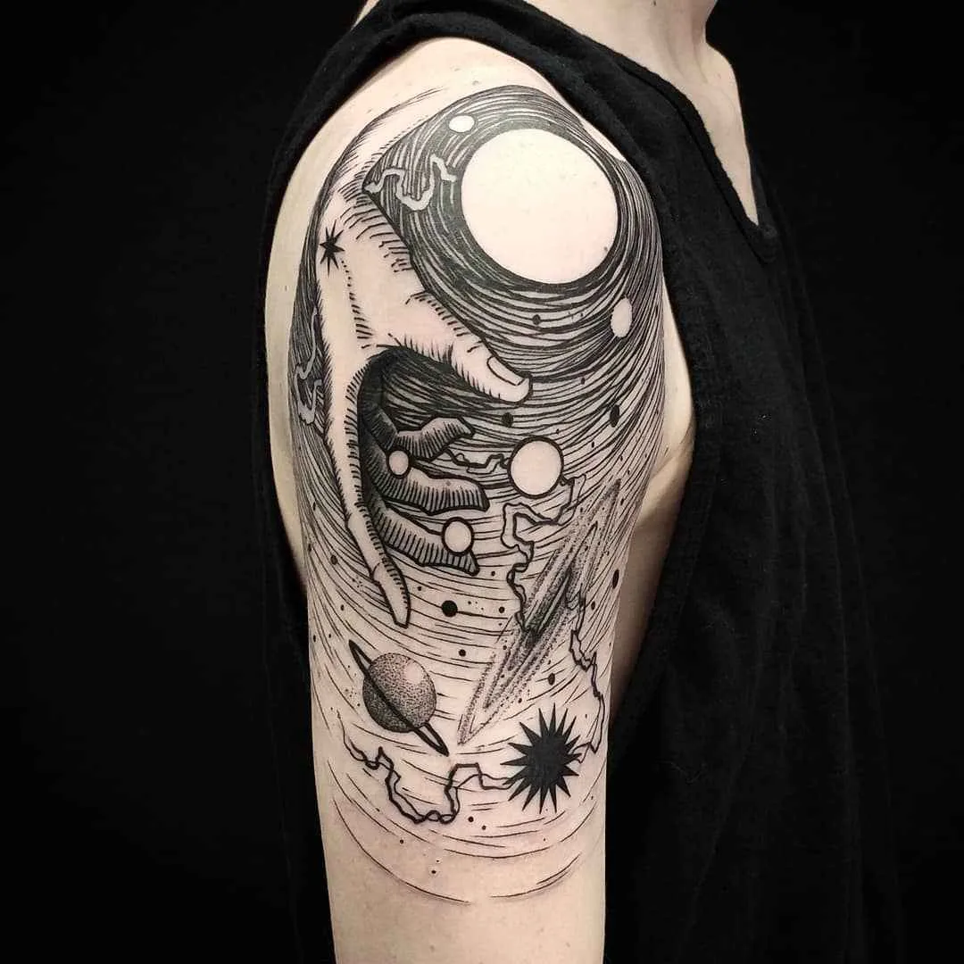 Tattoo artist Thomas Eckeard black surrealistic tattoo in authors style, blackwork | USA