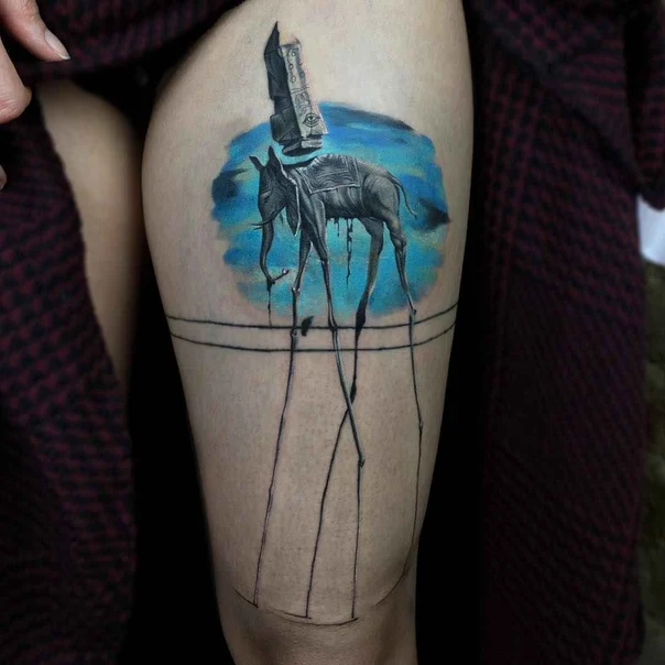Surrealism Elephant, Landscape tattoo on Thigh
