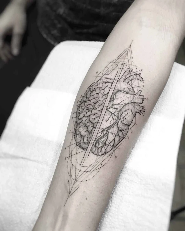 Geometric Heart, Brain tattoo on Forearm