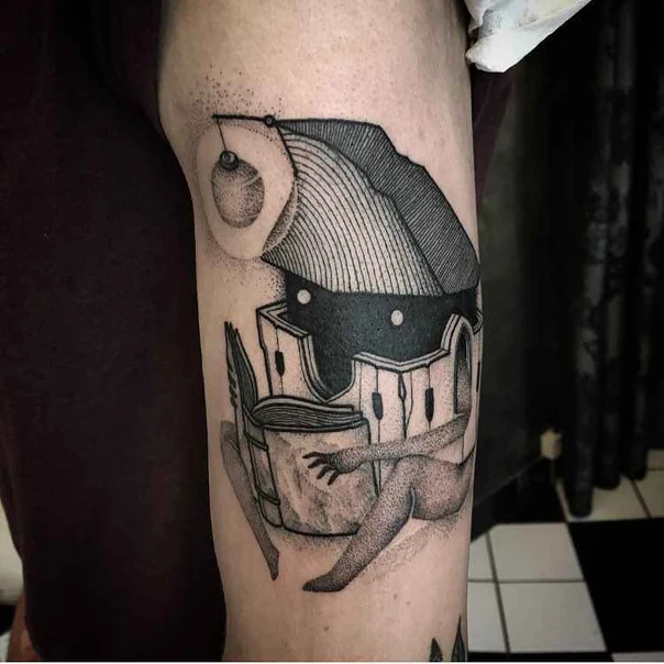 Blackwork Piano, Human figure tattoo on Forearm