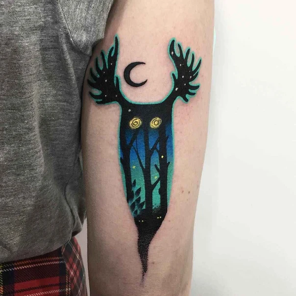 Illustrative Moon, Forest tattoo on Forearm