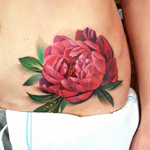 Realism Flower, Peony tattoo on Stomach