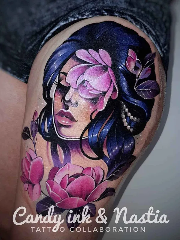 female color illustrative 纹身 在 thigh #17580 | 纹身师 Laura Konieczna