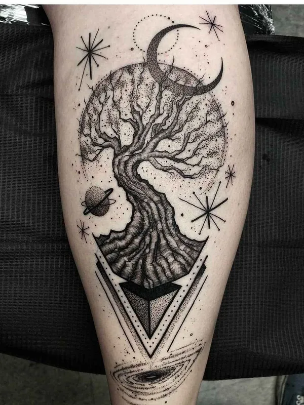 black and grey dotwork tattoo on calf #17333 | Tattoo Artist Thomas Eckeard