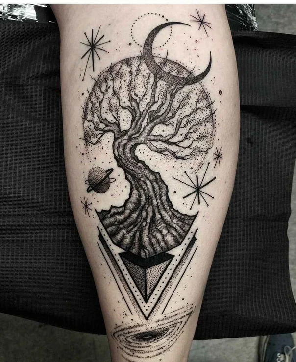 Dotwork Tree, Moon tattoo on Calf