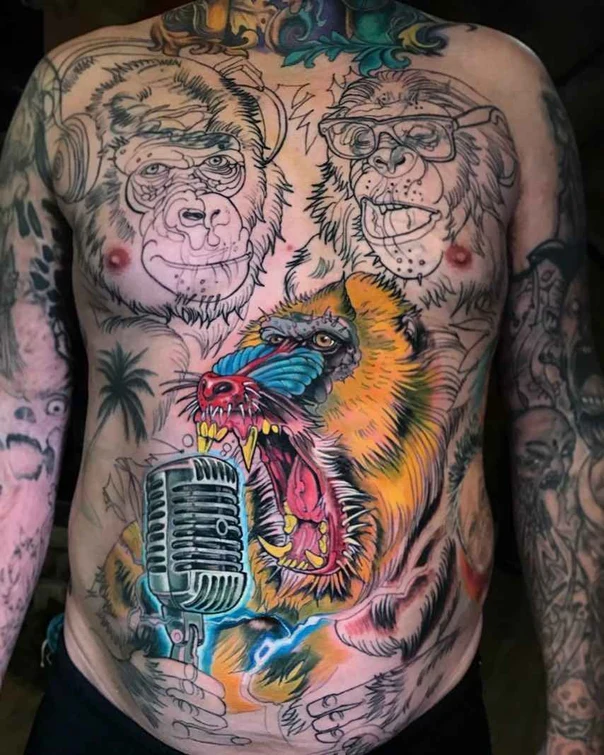 Illustrative Monkey, Microphone tattoo on Chest