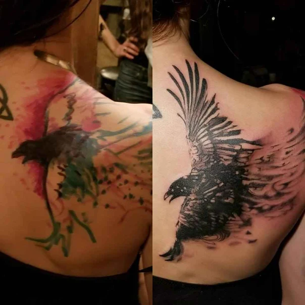 Blackwork Raven, Wings tattoo on Shoulder Blade