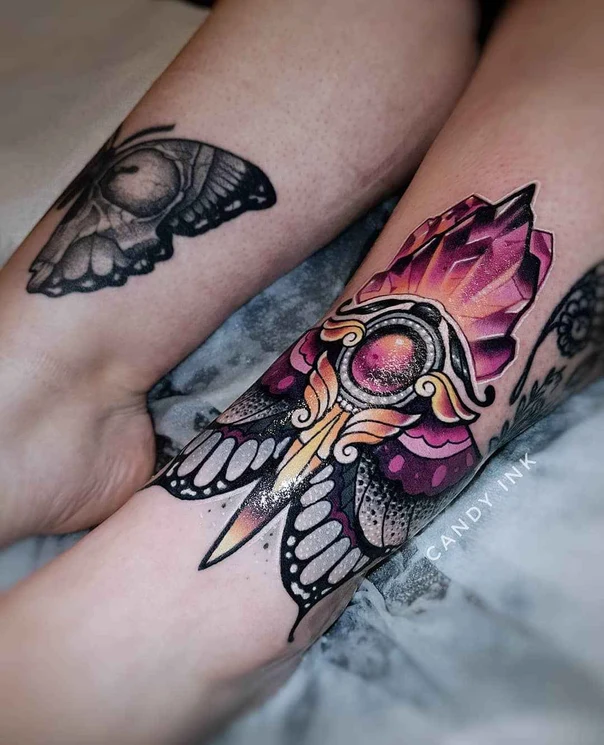 Neo Traditional Butterfly, Crystal tattoo on Forearm