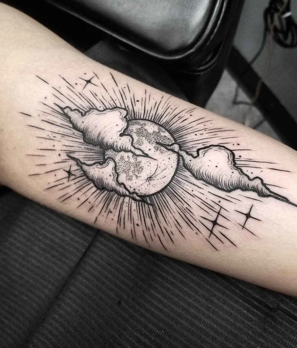 Linework Sun, Moon tattoo on Forearm