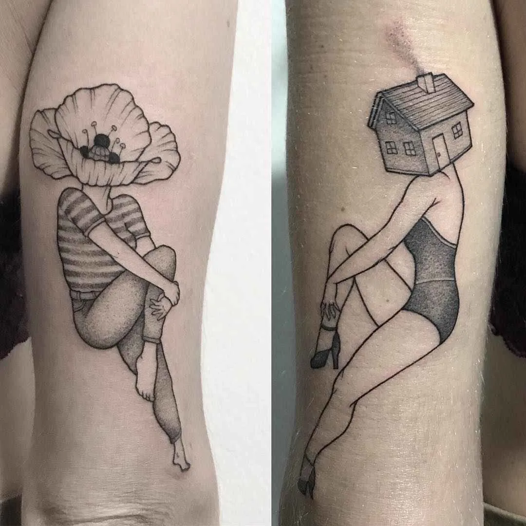 Tattoo artist Anna Neudecker authors style black surrealistic tattoo, linework, minimalism | Milano, Italy