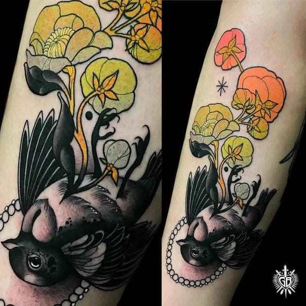 Neo Traditional Bird, Flowers tattoo on Forearm