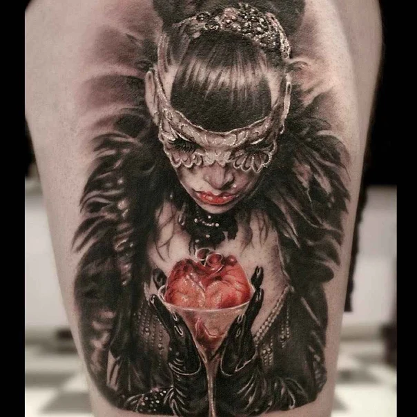 Realism Portrait, Heart tattoo on Thigh
