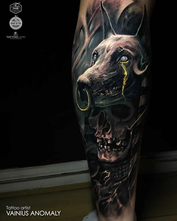 Realism Skull, Dog tattoo on Calf
