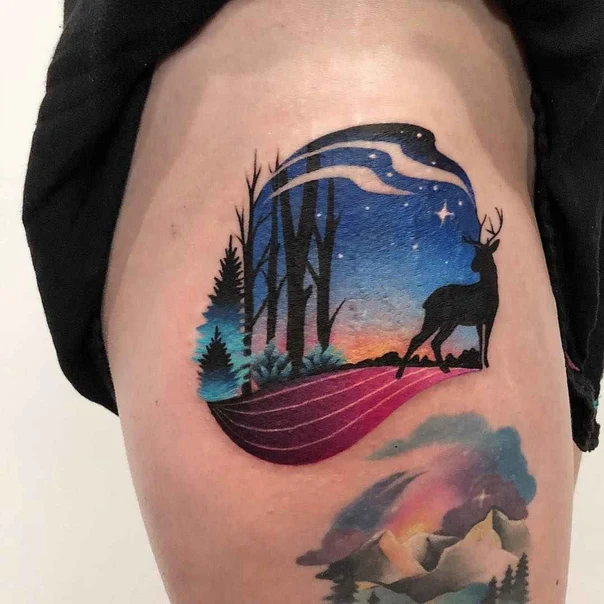 Illustrative Deer, Landscape tattoo on Thigh