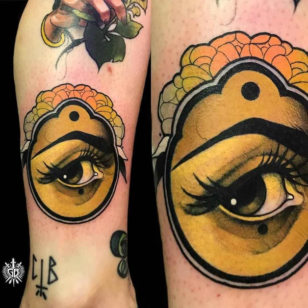 Neo Traditional Eye, Floral tattoo on Calf