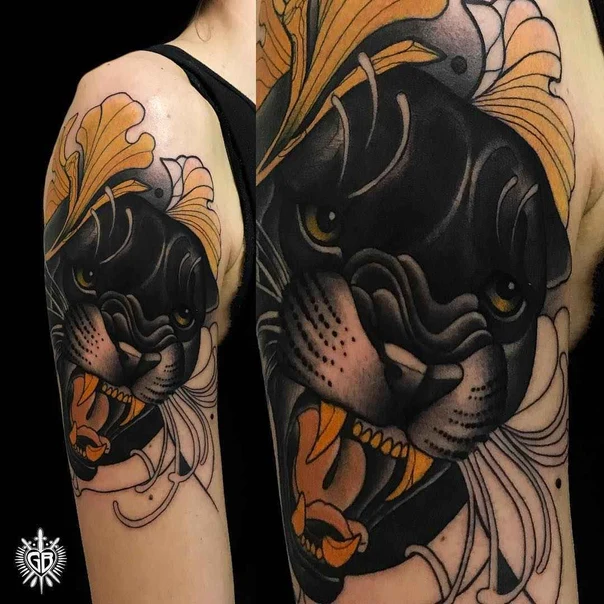 Neo Traditional Panther, Floral tattoo on Upper Arm