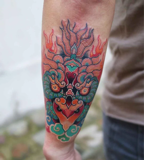 Ornamental Dragon, Flames tattoo on Forearm
