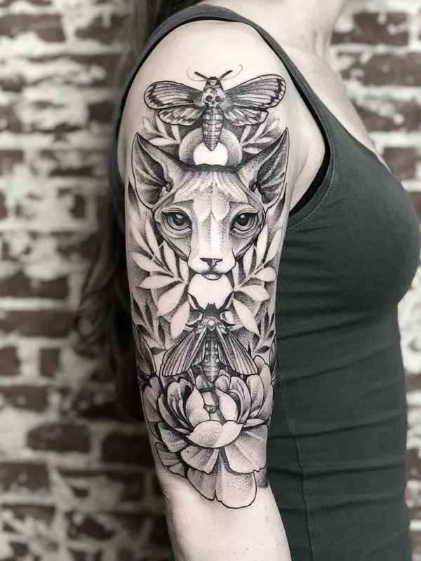 female black and grey blackwork 纹身 在 full sleeve #17821 | 纹身师 Taras Shtanko