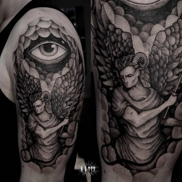 Блэкворк Eye, Angel tattoo на Дельта