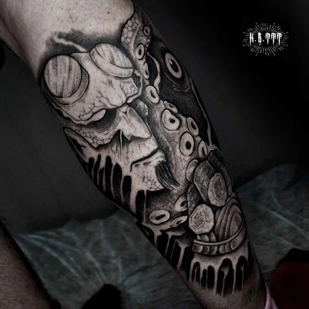Блэкворк Skull, Octopus tattoo на Предплечье