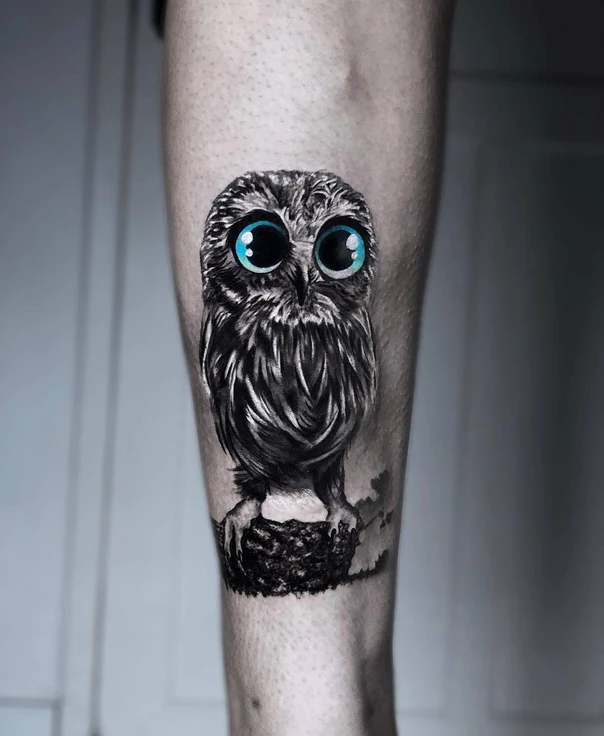 Realism Owl tattoo on Calf