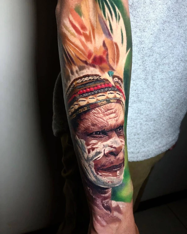 Realism Portrait, Tribal tattoo on Forearm