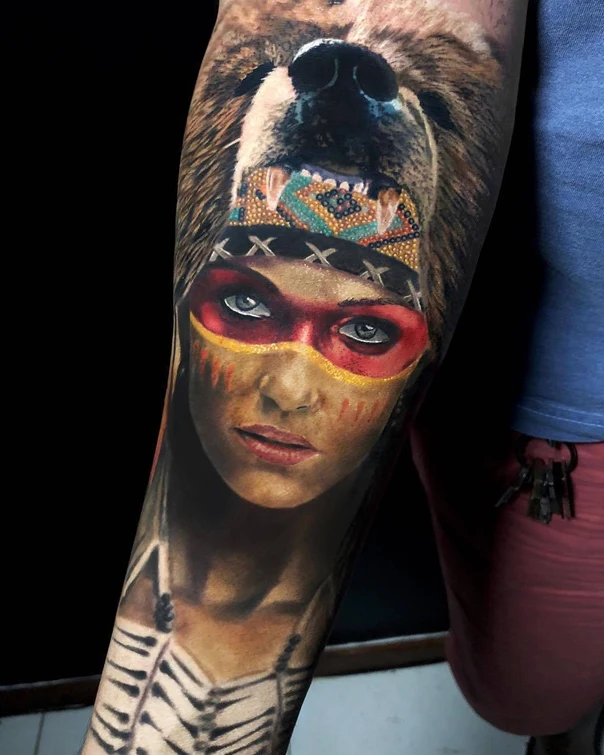 Realism Native american, Bear tattoo on Forearm
