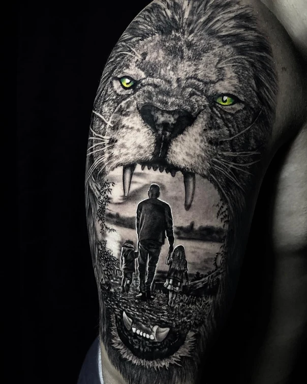 Realism Lion, Family tattoo on Upper Arm