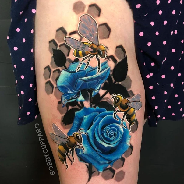 Illustrative Bee, Rose tattoo on Thigh