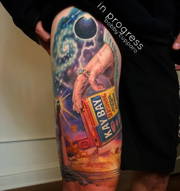 Realism Hand, Lighthouse tattoo on Thigh