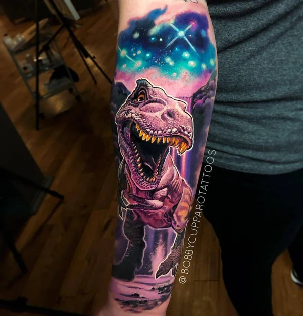 Illustrative Dinosaur, Galaxy tattoo on Forearm