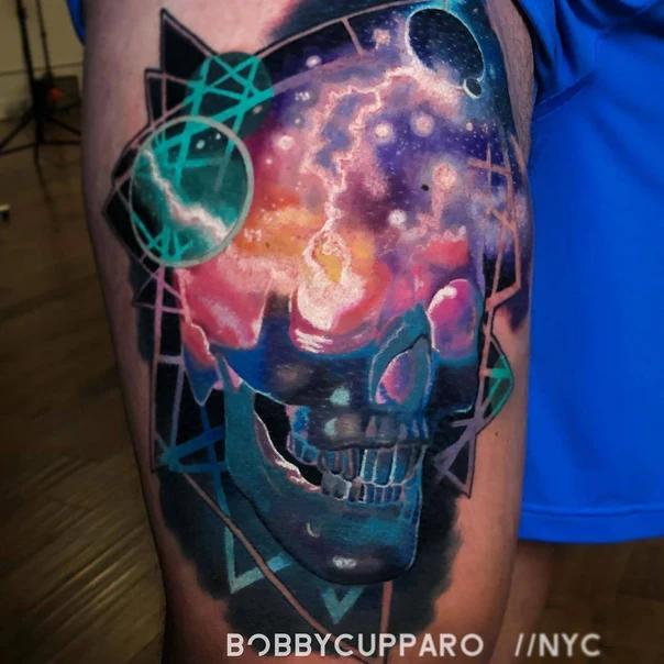 Surrealism Skull, Galaxy tattoo on Thigh