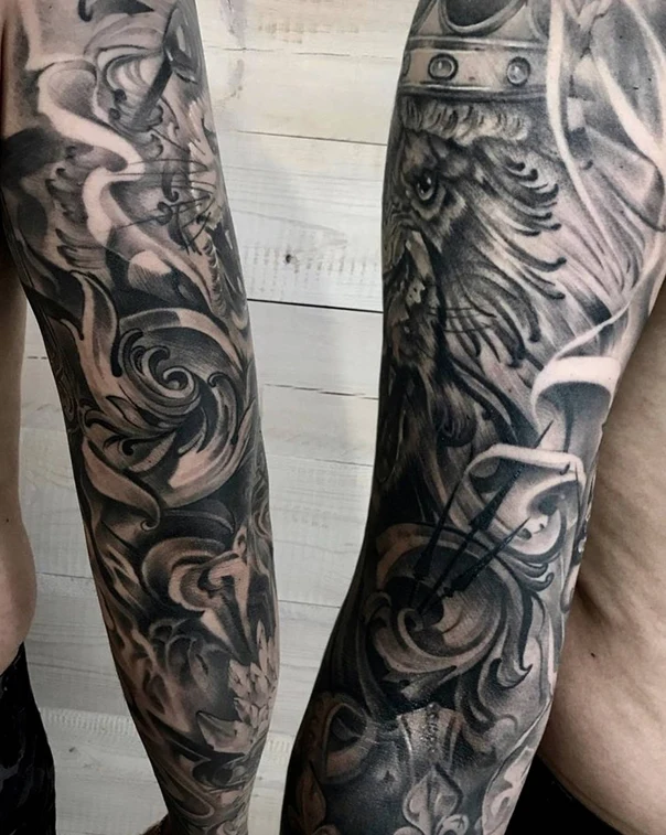 Реализм Lion, Ornamental tattoo на Полный рукав