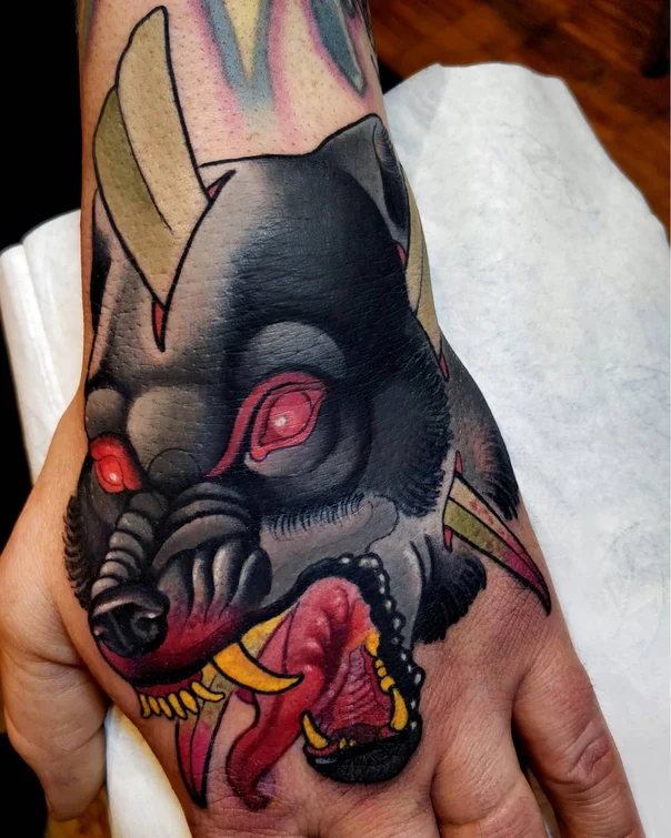 Neo Traditional Wolf, Animal tattoo on Back of Hand