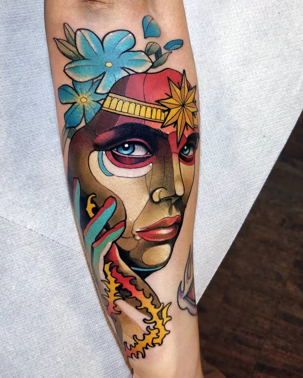 Neo Traditional Face, Flowers tattoo on Forearm