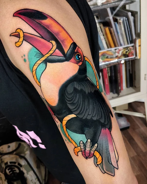 Illustrative Bird, Toucan tattoo on Forearm