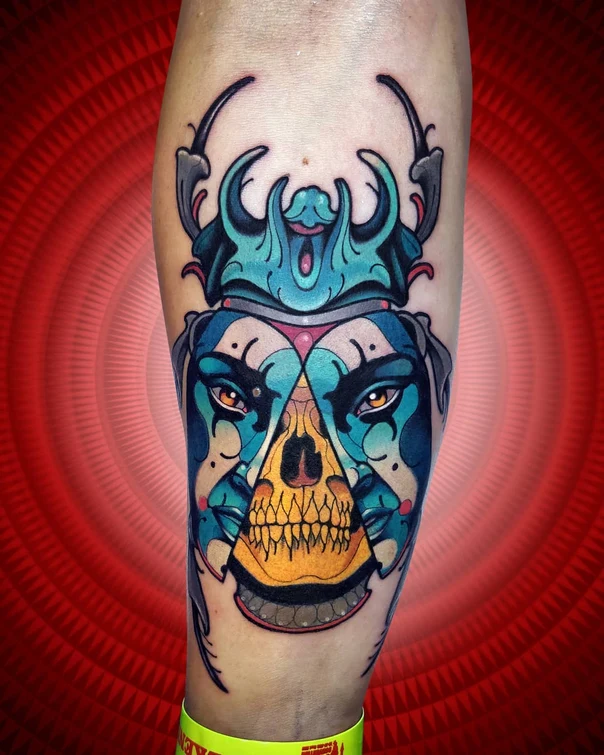 Neo Traditional Skull, Bug tattoo on Forearm