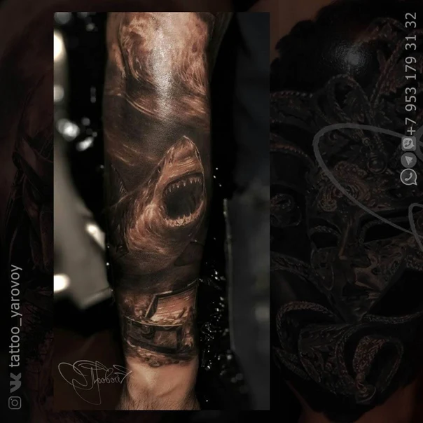 Реализм Shark, Treasure chest tattoo на Предплечье