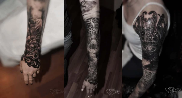 Блэкворк Floral, Abstract tattoo на Полный рукав