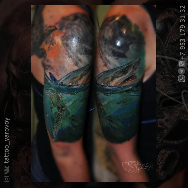 Реализм Shark, Ocean tattoo на Полный рукав