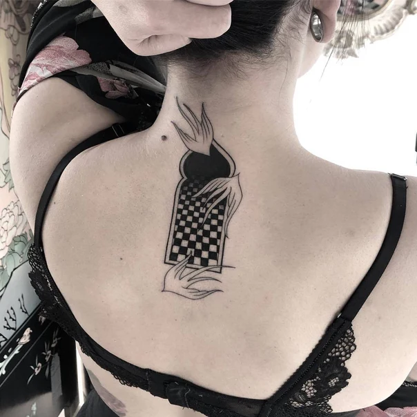Blackwork Hands, Geometric tattoo on Back of neck