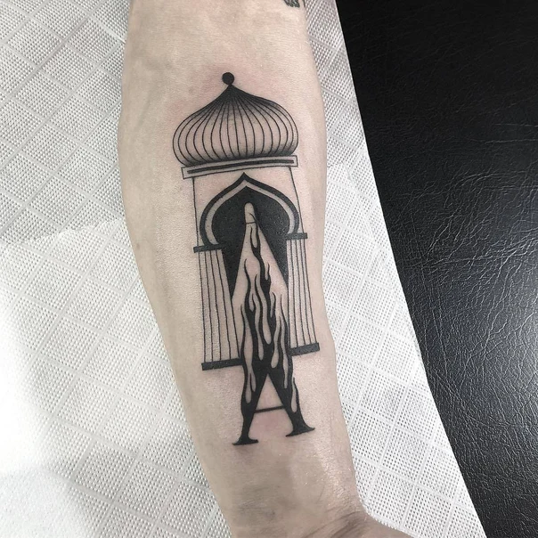 Blackwork Architecture, Lettering tattoo on Forearm